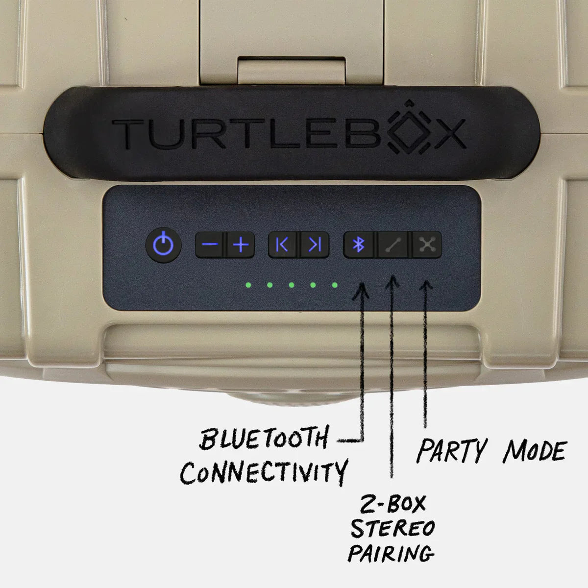 Turtlebox Original Gen3 Speaker in tan with Bluetooth connectivity and party mode features for outdoor use.