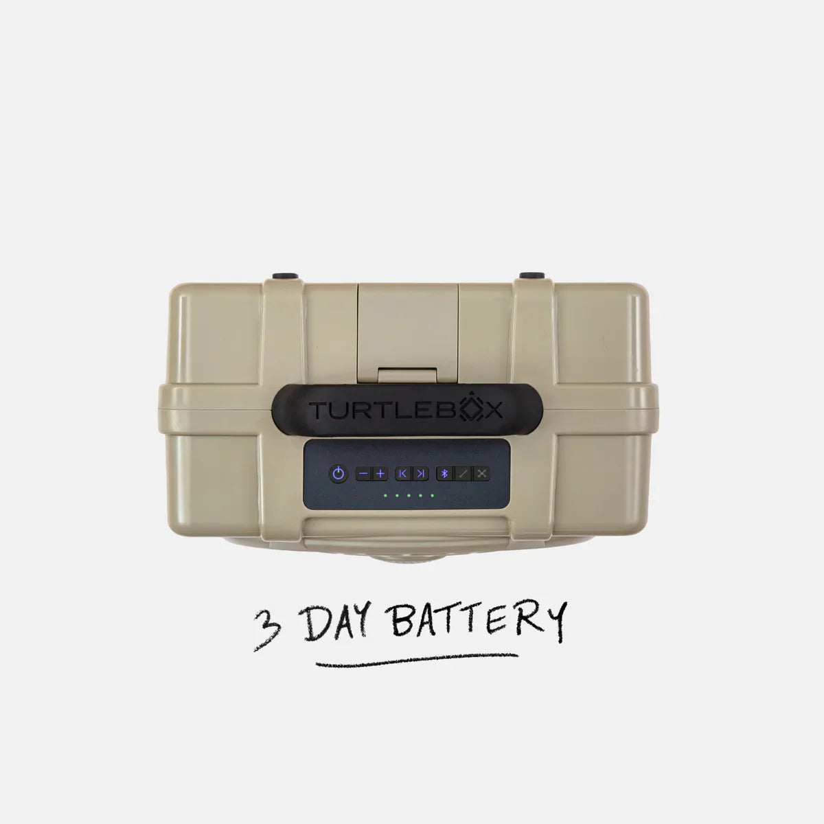 Turtlebox Original Gen3 Speaker in tan with a 3-day battery indicator and control buttons on top