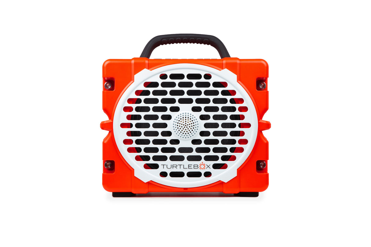 Orange and White portable Turtlebox speaker on a white background