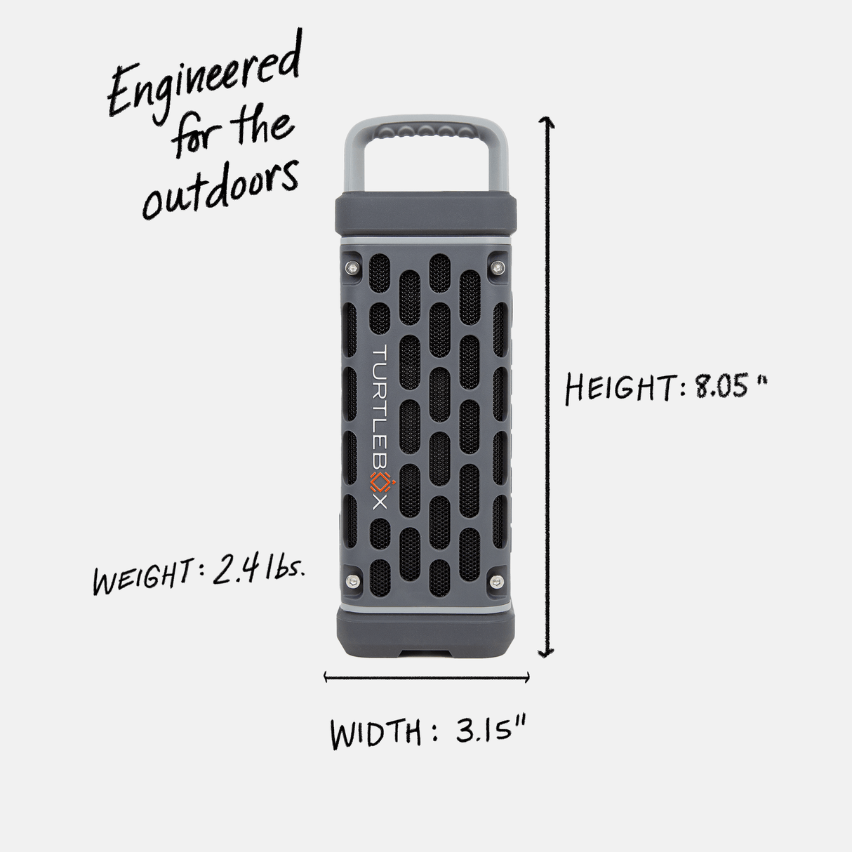 Turtlebox speaker with dimensions and weight information on a white background