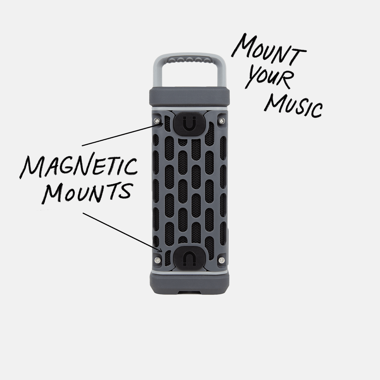 Black portable Turtlebox speaker with text highlighting magnetic mounts on a white background