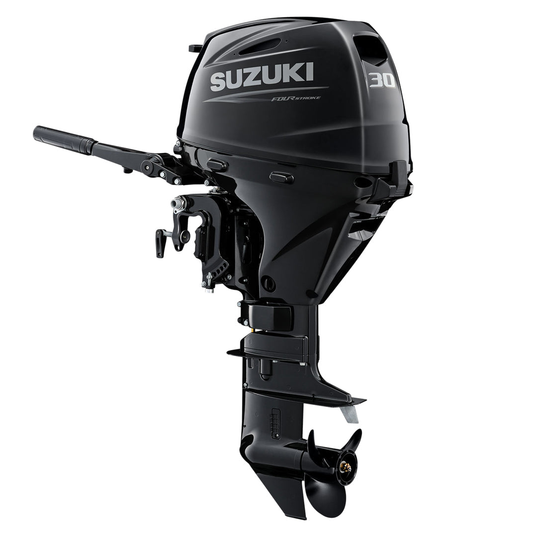 Suzuki 30 HP DF30ATHL outboard motor in black with electric start and power trim and tilt features