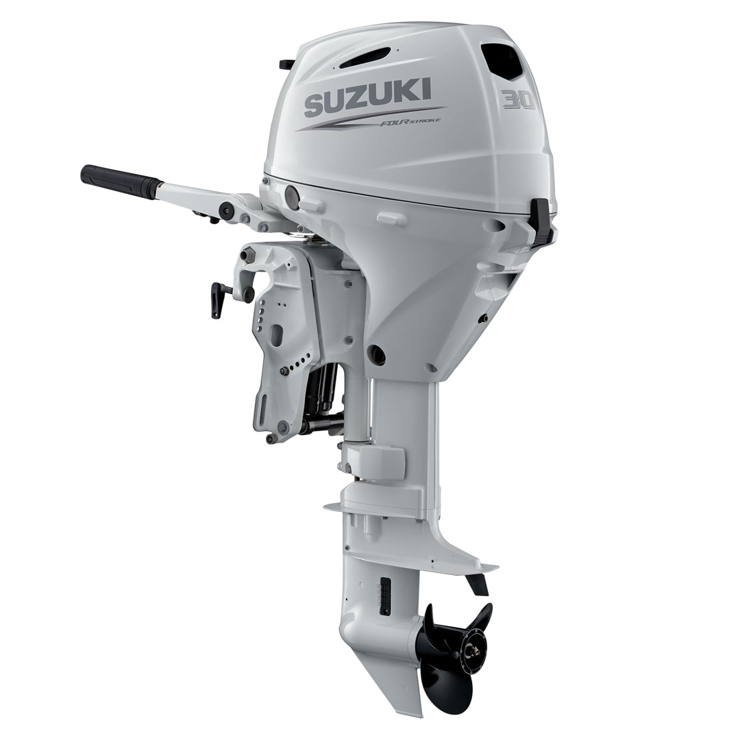 Suzuki 30 HP DF30ATHLW5 outboard motor in white with electric start and power trim and tilt features.