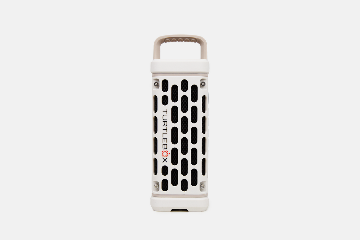 White portable Turtlebox speaker on a white background