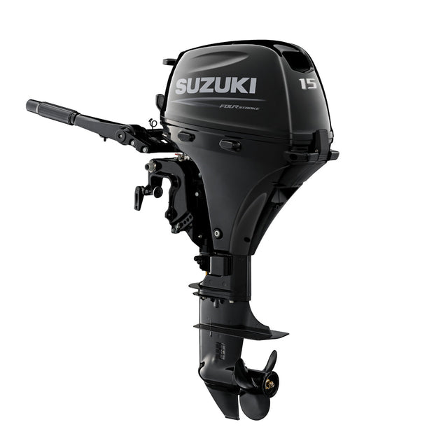 Suzuki 15 Hp outboard motor on a white background
