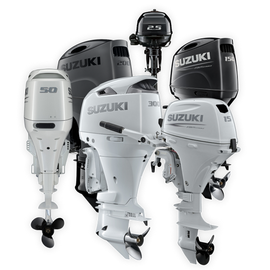 Multiple Suzuki outboard motors in various sizes, including models with 2.5, 15, 50, 150, and 300 horsepower.