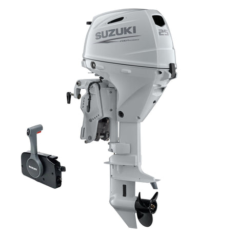 Suzuki 25 HP DF25ATLW5 outboard motor in white with electric start and power trim and tilt features